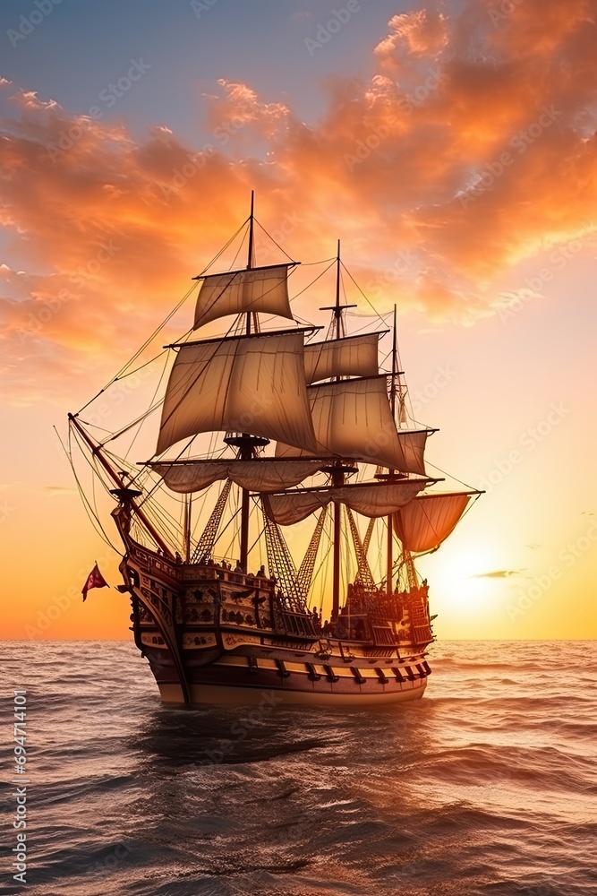 Small sailing ship in the open sea at sunset. Enchanting Serenity.