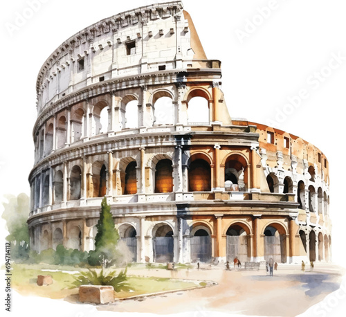 Watercolor Colosseum on white background