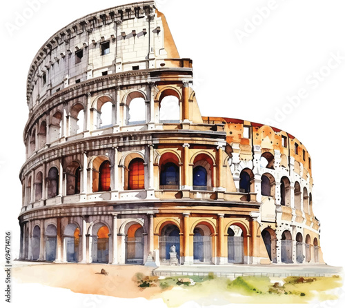 Tela Watercolor Colosseum on white background