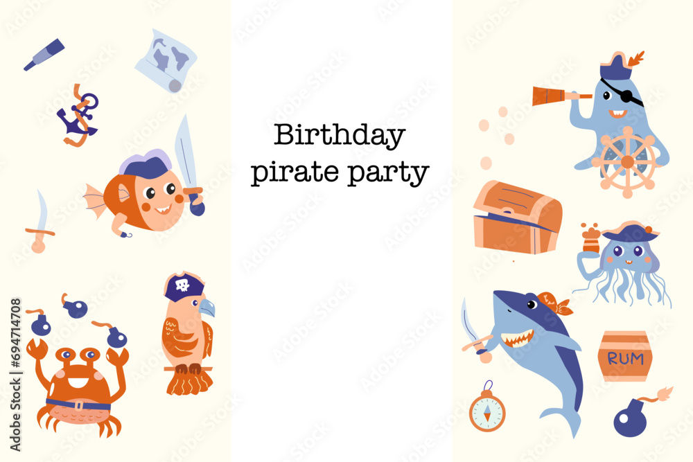 Fototapeta premium Cartoon pirate birthday party invitation card flyer for kids. Can used for baby celebration banner, background. Sea animals birthday template, sea adventures design. 