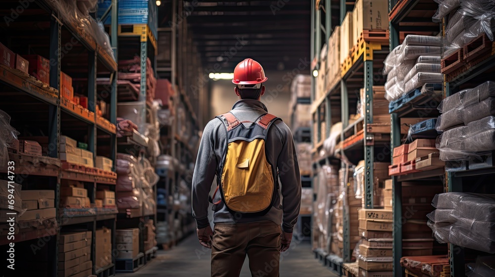 Warehouse Worker Inspecting Shelves, rear view Warehouse Worker Inspecting Shelves, rear view