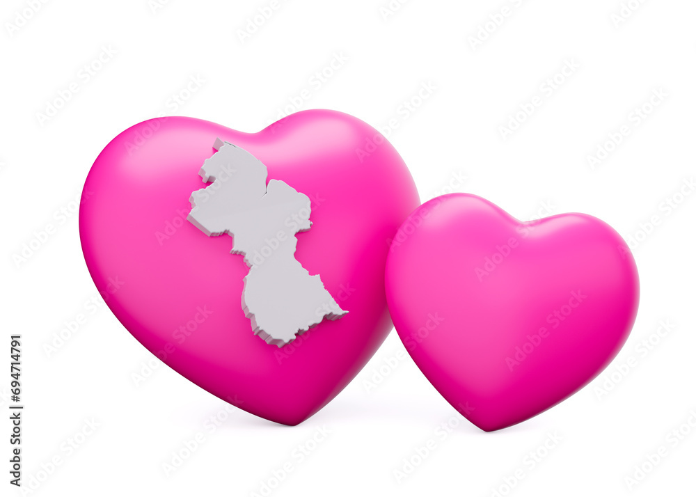 3d Shiny Pink Hearts With 3d White Map Of Guyana Isolated On White Background 3d Illustration 3d Shiny Pink Hearts With 3d White Map Of Guyana Isolated On White Background 3d Illustration