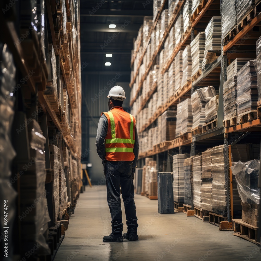 Warehouse Worker Inspecting Shelves, rear view