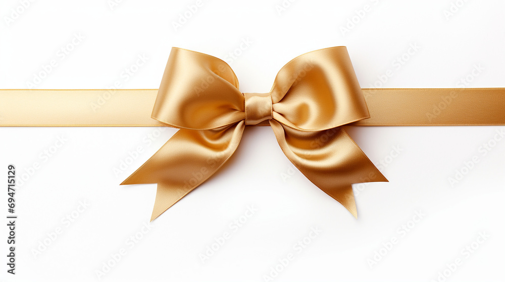 Golden Elegance: Isolated Ribbon and Bow in Stunning Gold Against a White Background Golden Elegance: Isolated Ribbon and Bow in Stunning Gold Against a White Background