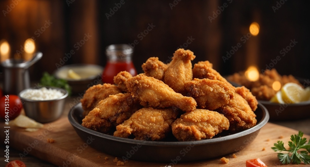 Fried chicken drumsticks with sauce on wooden board