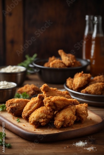 Fried chicken drumsticks with sauce on wooden board