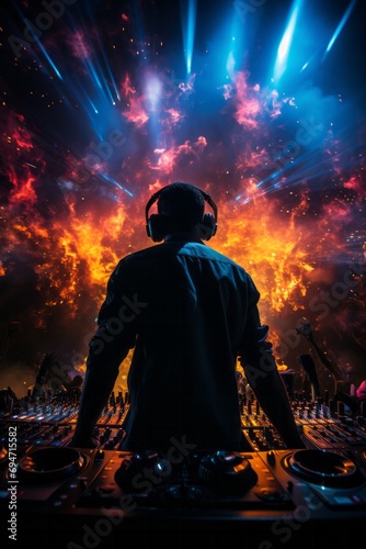Disc jockey man silhouetted against colorful laser lights during an electrifying music event, Generative AI
