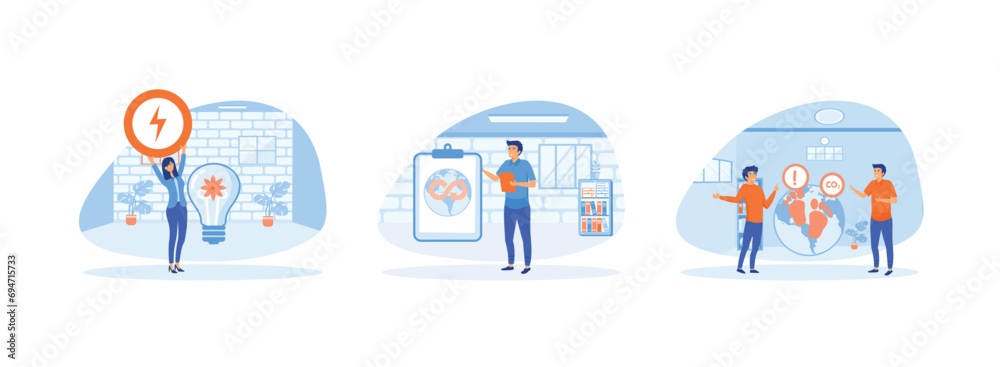 Circular economy. Man analyzes green energy and industry. Reducing carbon dioxide emissions and climate impact. Circular economy 1 set flat vector modern illustration