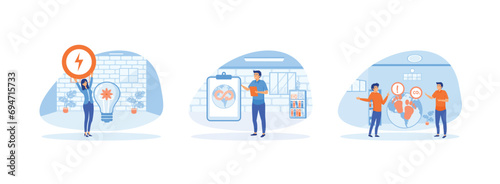 Circular economy. Man analyzes green energy and industry. Reducing carbon dioxide emissions and climate impact. Circular economy 1 set flat vector modern illustration photo