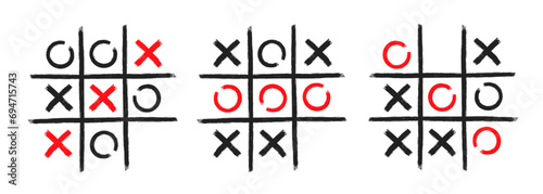 Tic tac toe xo game hand drawn grid doodle template vector illustration set isolated on white background
