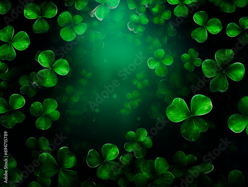 The green background of the copy area with clover and gold coins for St. Patrick's Day. Bokeh. Blur. 