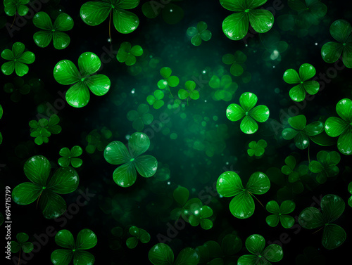 The green background of the copy area with clover and gold coins for St. Patrick's Day. Bokeh. Blur.