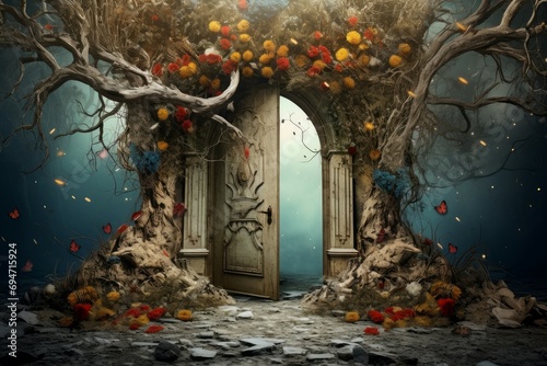 Enchanting Magical doors. Forest gate dream. Generate Ai photo