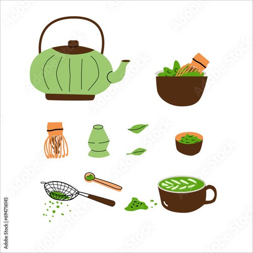 Cartoon matcha tea set of matcha powder and teapot, wisk, bowl and leaves. Vector illustration isolated. Can used for recipe cooking book, stikers, wallpapers, tea labels, wrapping design. 
