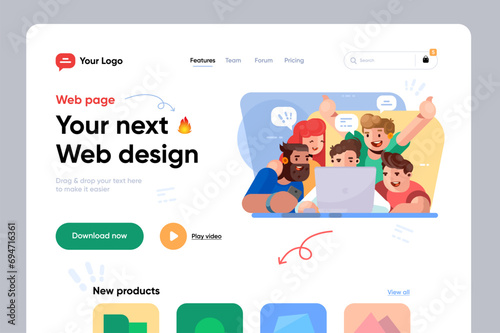 Webpage template with teamwork illustration