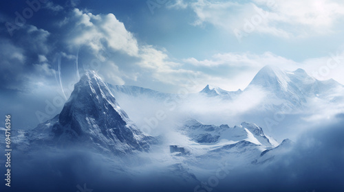 Snowy Heights: A Breathtaking View of High Mountains Blanketed in Clouds and Snow