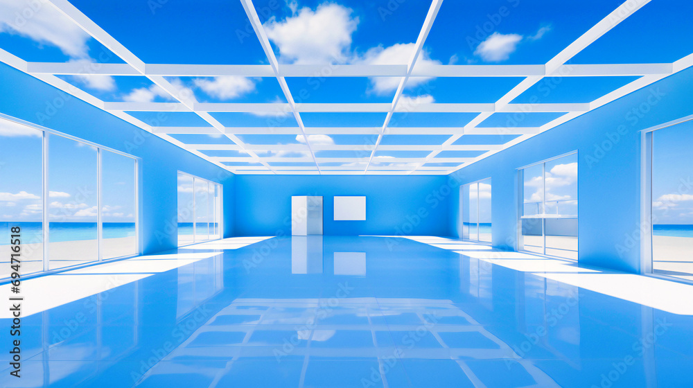 Expansive Blue Hallway Embracing Ocean Views with Reflective Floor and Open Modern Design Expansive Blue Hallway Embracing Ocean Views with Reflective Floor and Open Modern Design