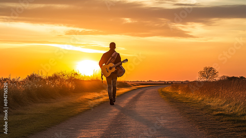 Young man with a guitar on his back walking towards a sunset.