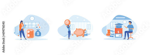 Financial literacy.Personal finance management. Student man investing money in education and knowledge. Financial education set flat vector modern illustration 