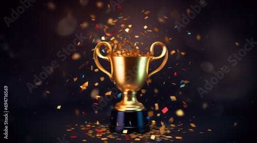 Create a visually striking image by placing a gold championship trophy cup against a dark background, enhanced with the dynamic element of festive multicolored flying confetti.