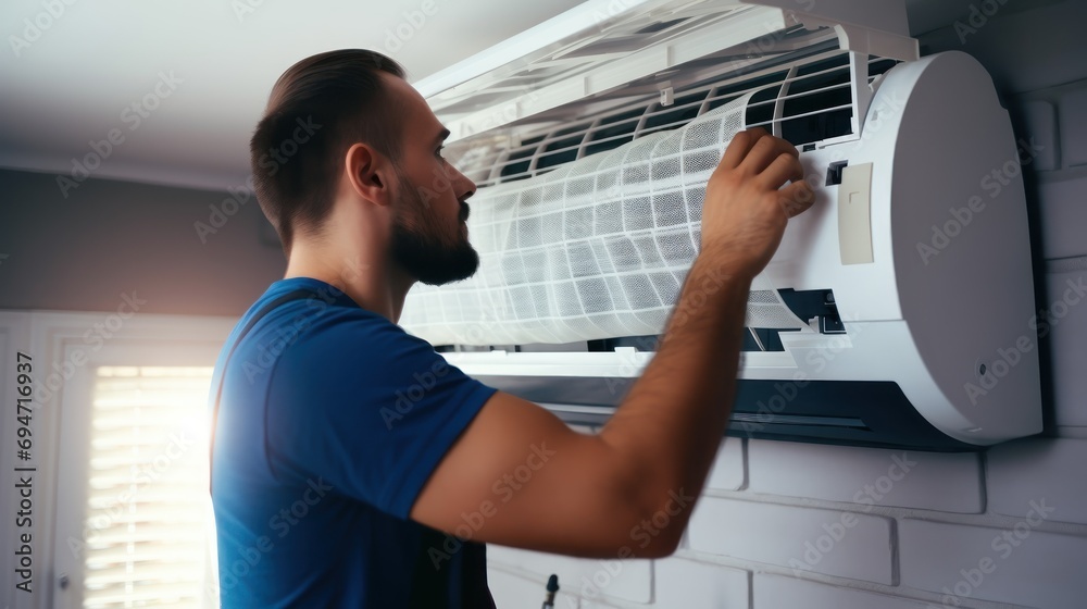 Male technician repairs an air conditioner indoors. - obrazy, fototapety, plakaty 