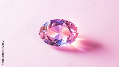 Top view of a stunning brilliant gemstone with facets isolated on a flat pastel pink background, leaving ample space for copy.