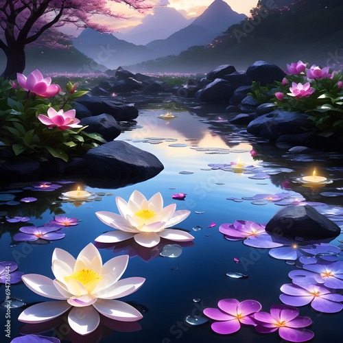 Sacred darkness, soft light, dense spiritual energy, and vibrant fallen flowers surround Shi Hao in a timeless moment of immortality.(Generative AI) photo