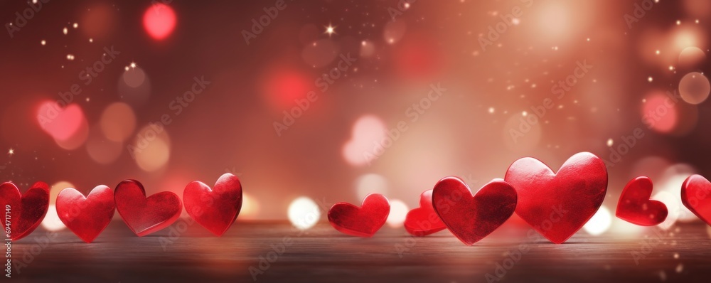 Red hearts background, valentine day greeting card. lights Bokeh background. Love concept - obrazy, fototapety, plakaty 
