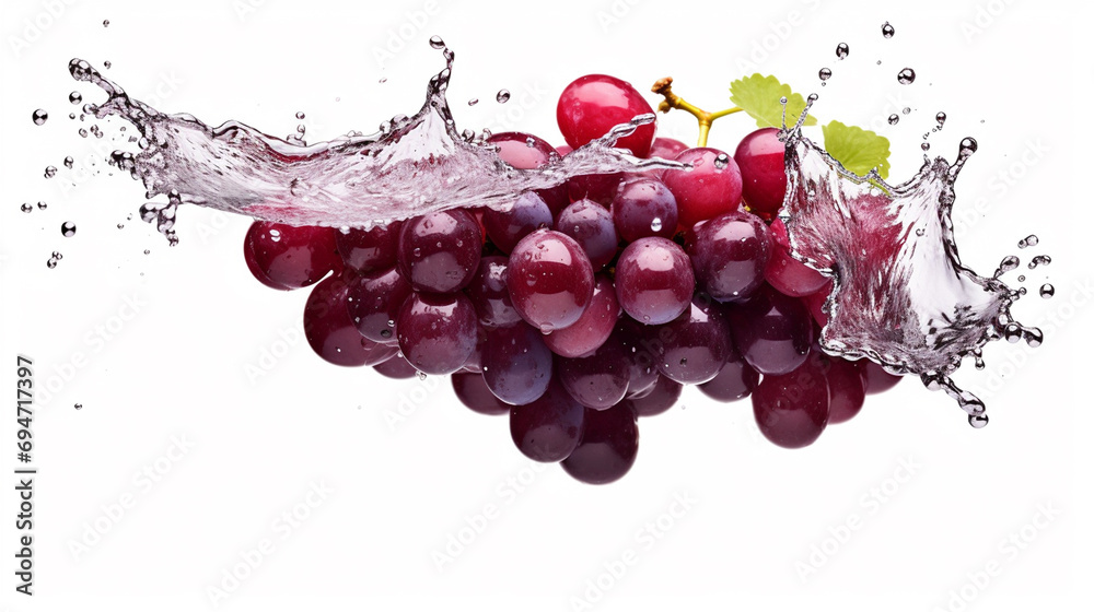 Imagine a black or dark red grape captured mid-splash in water against a white background, with a clipping path for easy isolation. This could illustrate the fruit in a dynamic and vibrant manner.