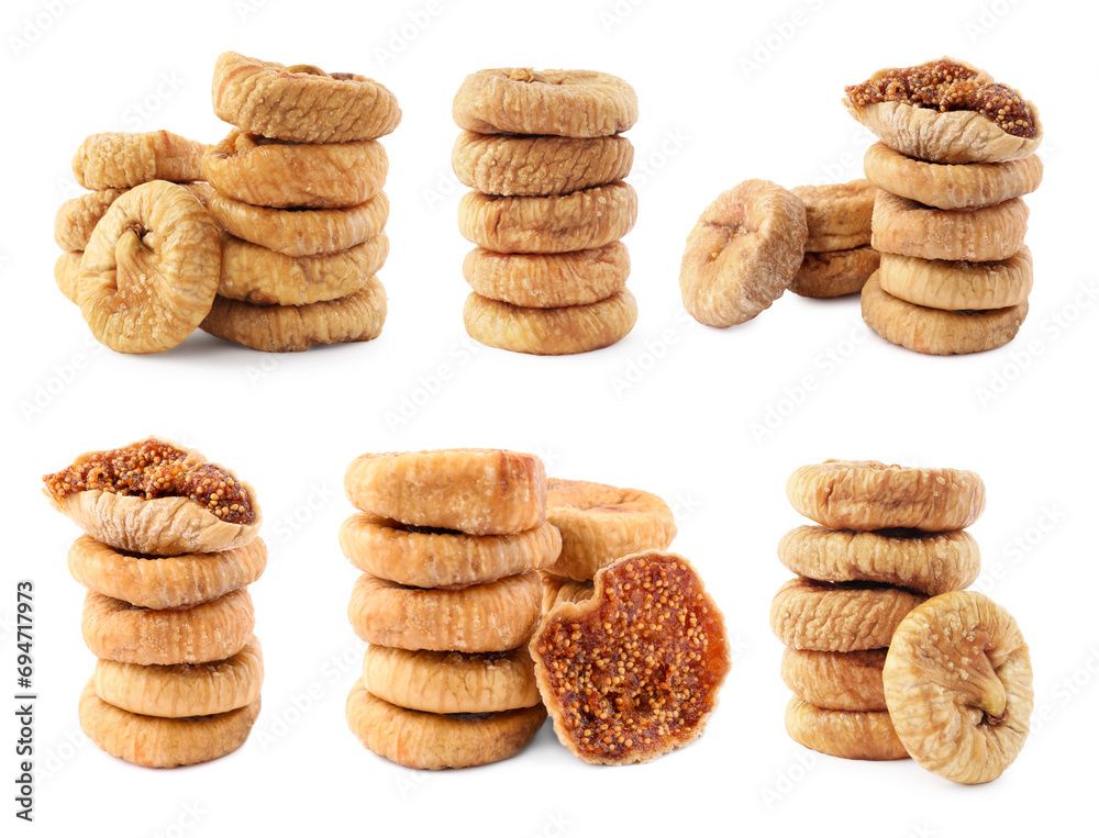 Sweet dried figs isolated on white, set Sweet dried figs isolated on white, set