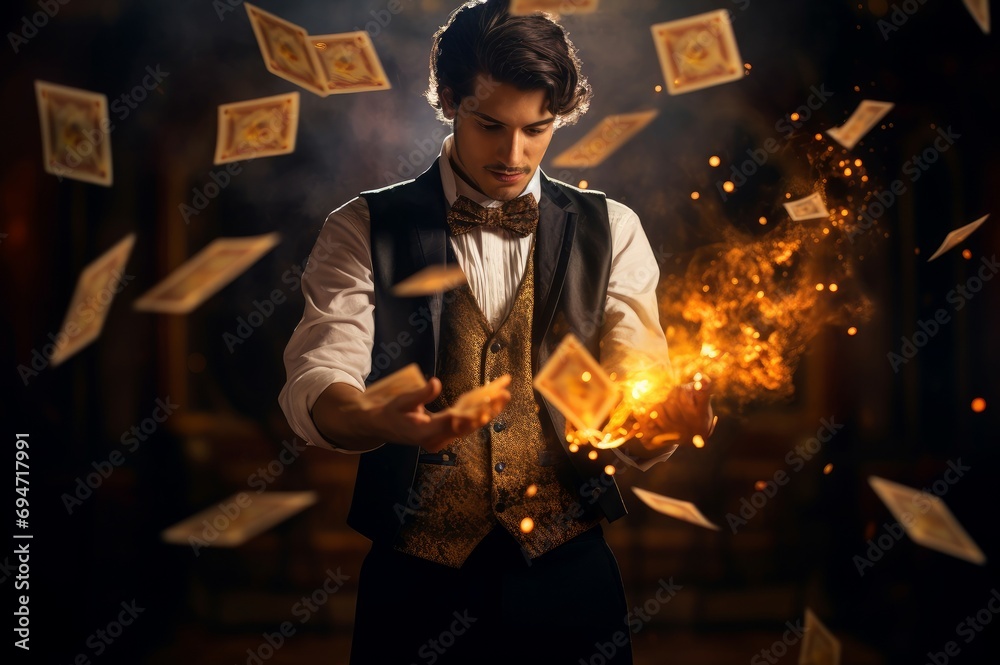 Fototapeta premium Skillful Magician playing. Man white fun. Generate Ai