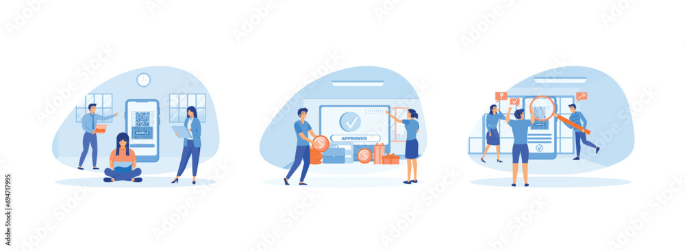 Online Payment. Online mobile payment and banking service.People scanning qr code for payment via smart phone. Online Payment 1 set flat vector modern illustration 