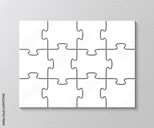 Puzzle with 12 pieces in album orientation. Jigsaw 3x4 grid elements. Modern puzzle background. Thinking game with separate shapes. Simple mosaic layout. Laser cut frame. Vector illustration.