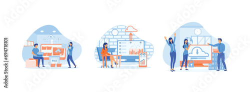 Team administrator. Business technology cloud computing service. Storing data on cloud server. Cloud computing 3 set flat vector modern illustration