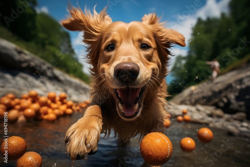 Joyful golden retriever playing fetch  Generative AI