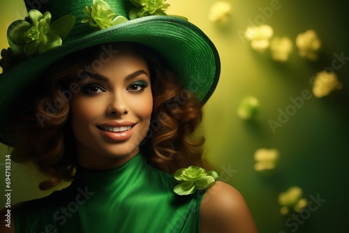 St. Patrick's Day. Portrait of a beautiful young woman wearing a leprechaun hat. photo