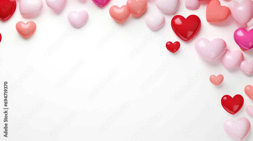 A Valentine's Day background featuring red and pink heart-shaped balloons on a white backdrop, arranged in a flat lay style, with a clipping path for easy separation.