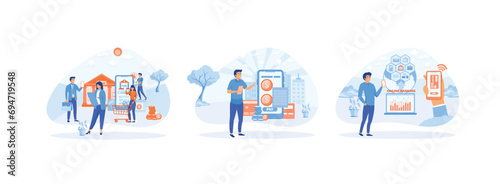 Internet mobile payment. Man pay bills online using mobile phone. Hands man holding phones with different type of payment. Internet Banking 2 set flat vector modern illustration 