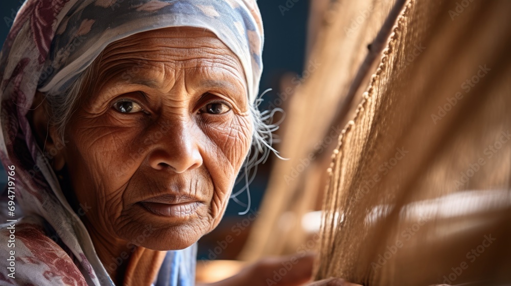 Closeup portrait of mature woman on loom