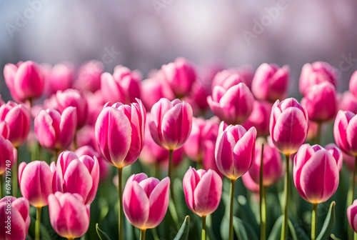 Close-up beautiful pink tulip flower in flower field in Netherlands  spring time.