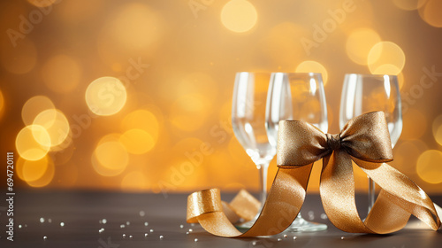 Bubbly Elegance: Toasting to Luxury with Champagne Glasses and Divine Gift Ribbon on Bokeh Canvas