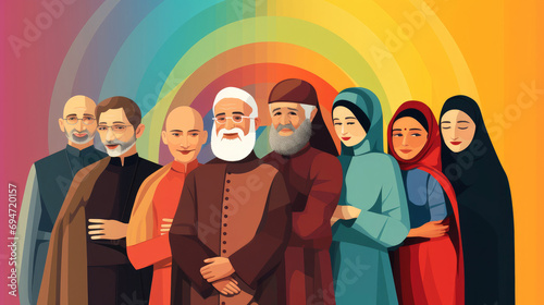 National Religious Freedom Day. January 16. Holiday concept. Template for background, banner, card, poster and wallpaper. Smiling multinational people different religions stand together photo
