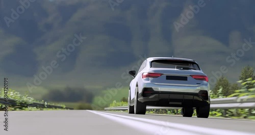 driving suv car or cruising vehicle on highway road with mountains