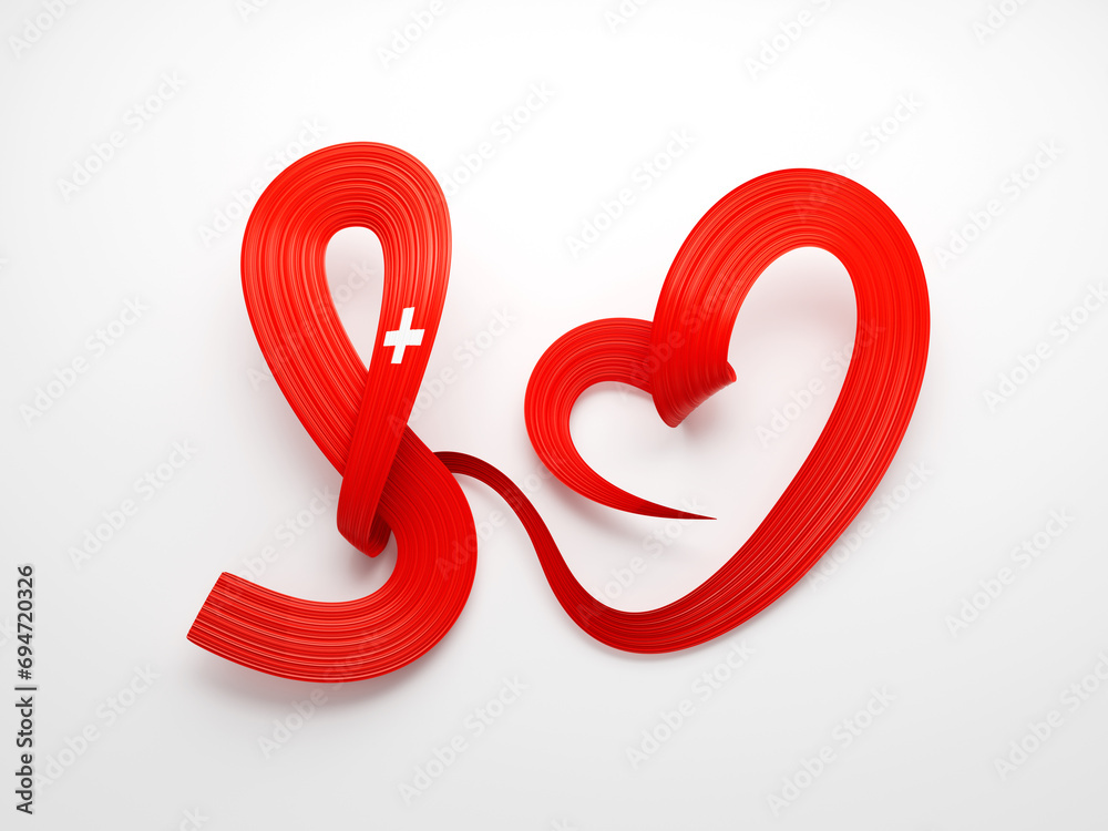 3d Flag Of Switzerland Heart Shape Shiny Wavy Awareness Ribbon flag White Background 3d illustration 3d Flag Of Switzerland Heart Shape Shiny Wavy Awareness Ribbon flag White Background 3d illustration