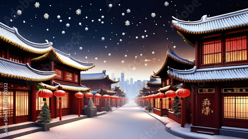 Christmas and New Year background with traditional Chinese buildings and snowflakes. AI generated.