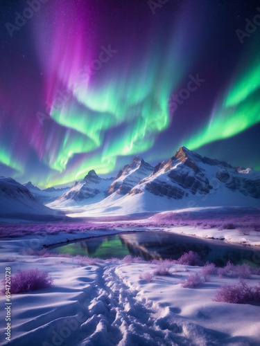Arctic Aurora Expedition: Majestic Views of Snowcapped Peaks and Nature's Dance of Lights in the Wilderness © Lucy