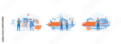 Smart industry.Smart Factories. Engineer working with interactive interface. Smart industry set flat vector modern illustration