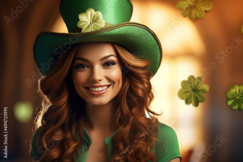 St. Patrick's Day. Portrait of a beautiful young woman wearing a leprechaun hat. photo