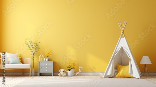 Children nursery room with Yellow bright color wall, interior details. Interior Bedroom Design