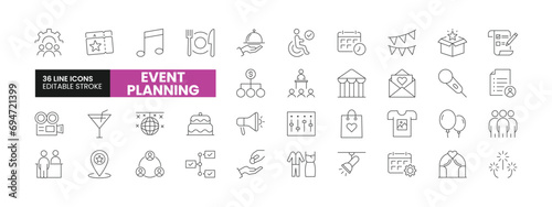 Set of 36 Event Planning line icons set. Event Planning outline icons with editable stroke collection. Includes Tickets, Fireworks, Filming, Budget, Gifts, and More.